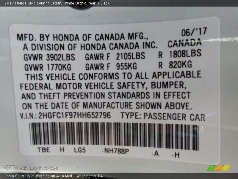 White Orchid Pearl / Black 2017 Honda Civic Touring Sedan