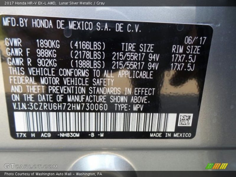 Lunar Silver Metallic / Gray 2017 Honda HR-V EX-L AWD