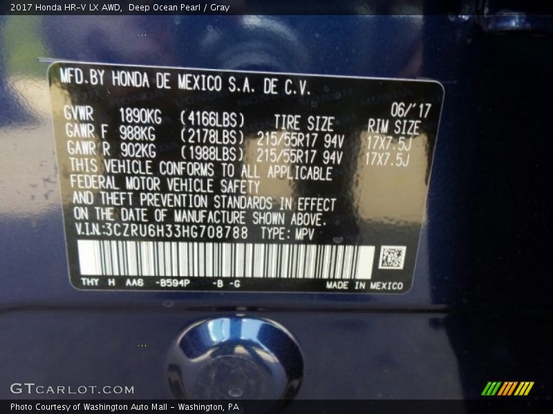 Deep Ocean Pearl / Gray 2017 Honda HR-V LX AWD