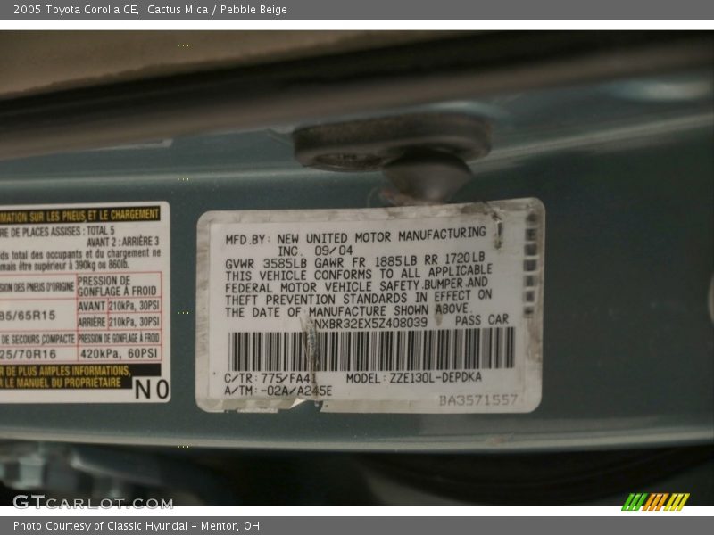 Cactus Mica / Pebble Beige 2005 Toyota Corolla CE