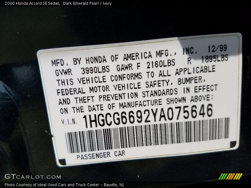 Dark Emerald Pearl / Ivory 2000 Honda Accord SE Sedan
