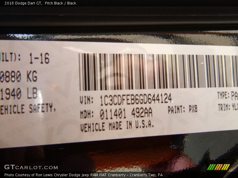 Pitch Black / Black 2016 Dodge Dart GT