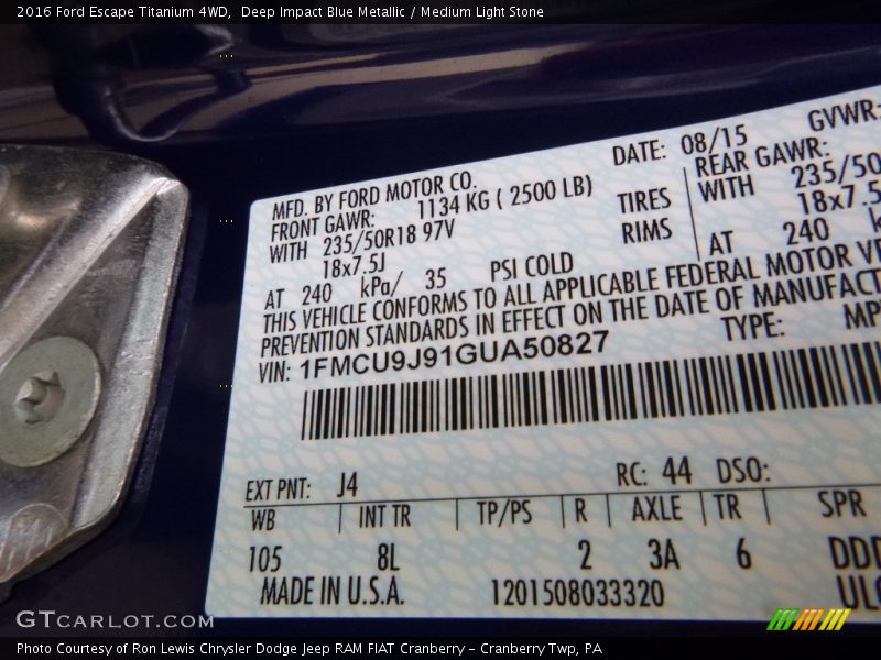 Deep Impact Blue Metallic / Medium Light Stone 2016 Ford Escape Titanium 4WD