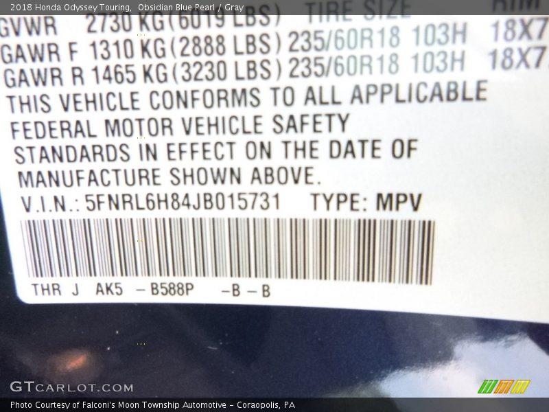 Obsidian Blue Pearl / Gray 2018 Honda Odyssey Touring