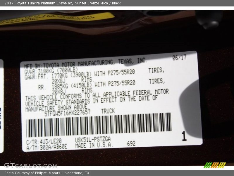 2017 Tundra Platinum CrewMax Sunset Bronze Mica Color Code 4U3