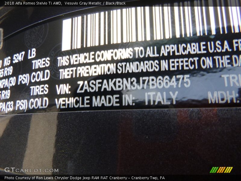 Vesuvio Gray Metallic / Black/Black 2018 Alfa Romeo Stelvio Ti AWD