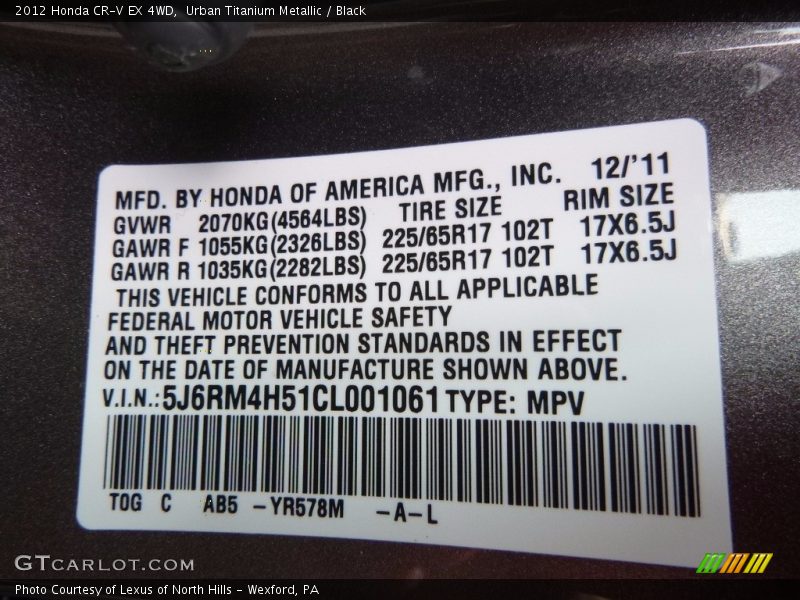 Urban Titanium Metallic / Black 2012 Honda CR-V EX 4WD