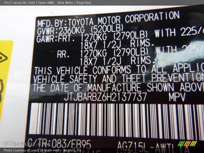 Ultra White / Rioja Red 2017 Lexus NX 200t F Sport AWD