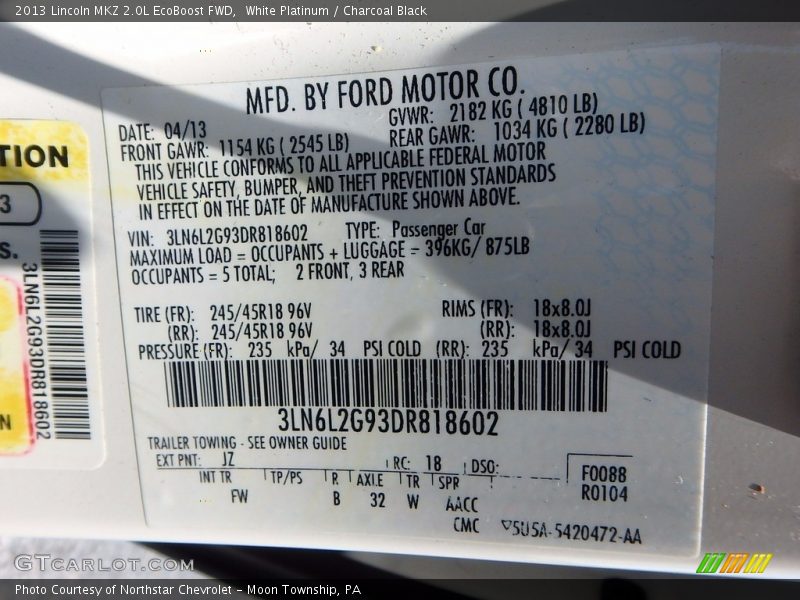 White Platinum / Charcoal Black 2013 Lincoln MKZ 2.0L EcoBoost FWD