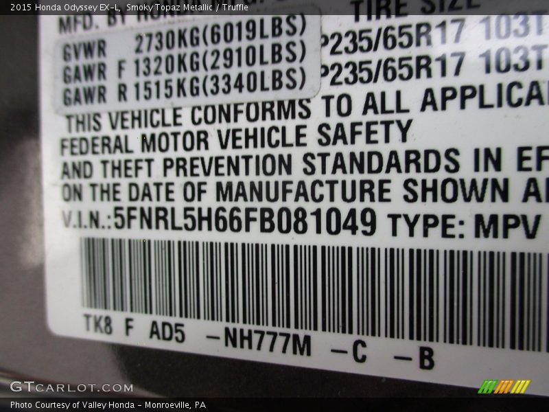 Smoky Topaz Metallic / Truffle 2015 Honda Odyssey EX-L