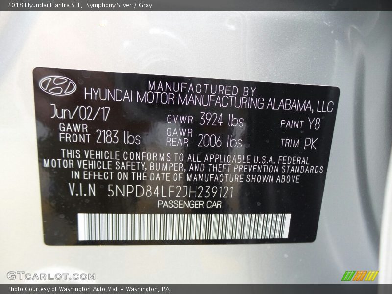 Symphony Silver / Gray 2018 Hyundai Elantra SEL