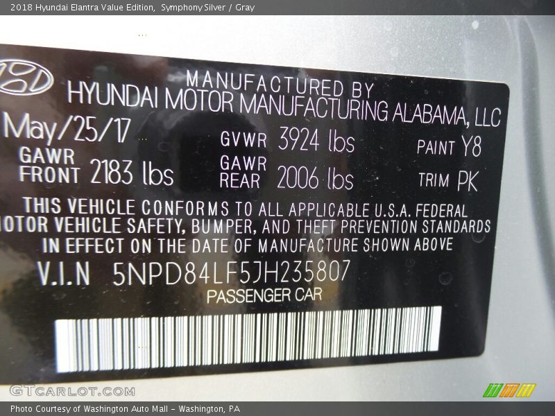 2018 Elantra Value Edition Symphony Silver Color Code Y8