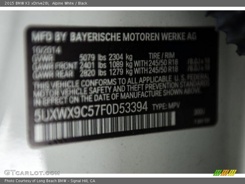 Alpine White / Black 2015 BMW X3 xDrive28i