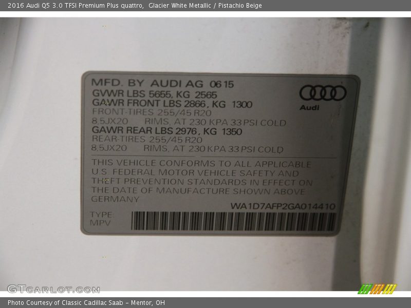 Glacier White Metallic / Pistachio Beige 2016 Audi Q5 3.0 TFSI Premium Plus quattro