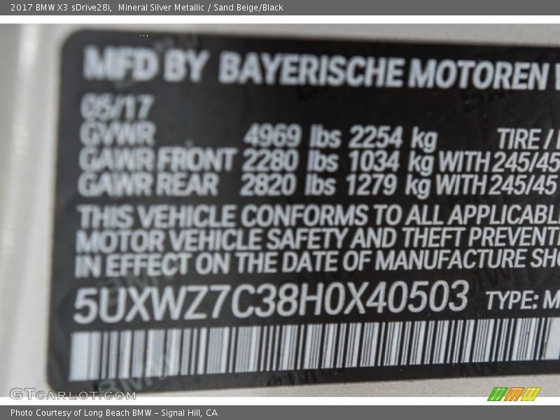 Mineral Silver Metallic / Sand Beige/Black 2017 BMW X3 sDrive28i