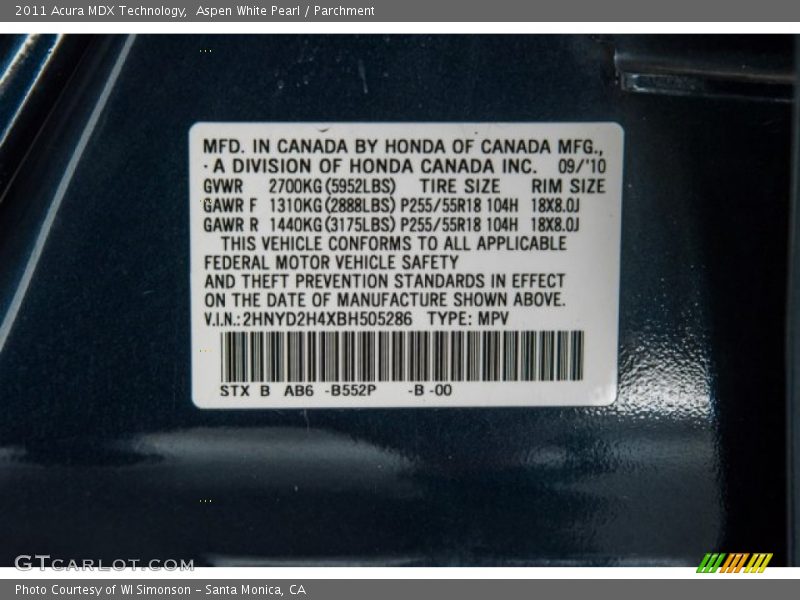 Aspen White Pearl / Parchment 2011 Acura MDX Technology