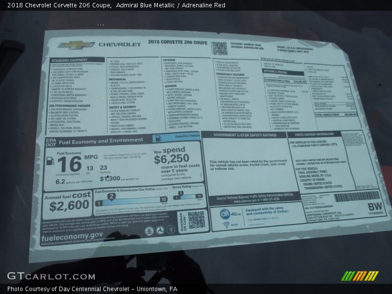  2018 Corvette Z06 Coupe Window Sticker