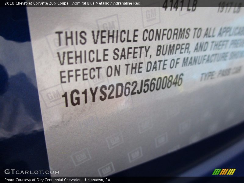 Admiral Blue Metallic / Adrenaline Red 2018 Chevrolet Corvette Z06 Coupe