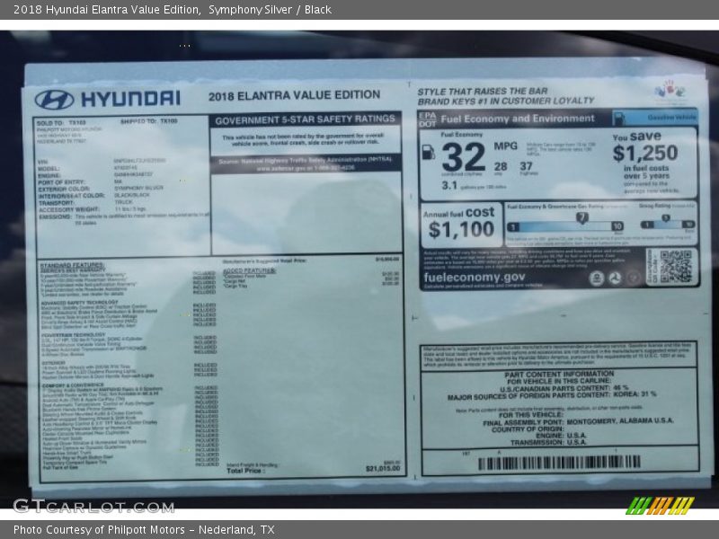 Symphony Silver / Black 2018 Hyundai Elantra Value Edition