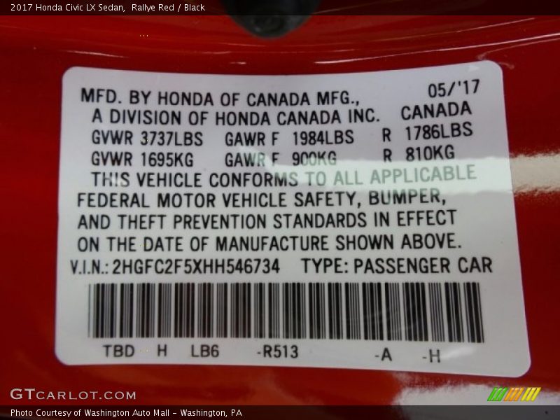 Rallye Red / Black 2017 Honda Civic LX Sedan