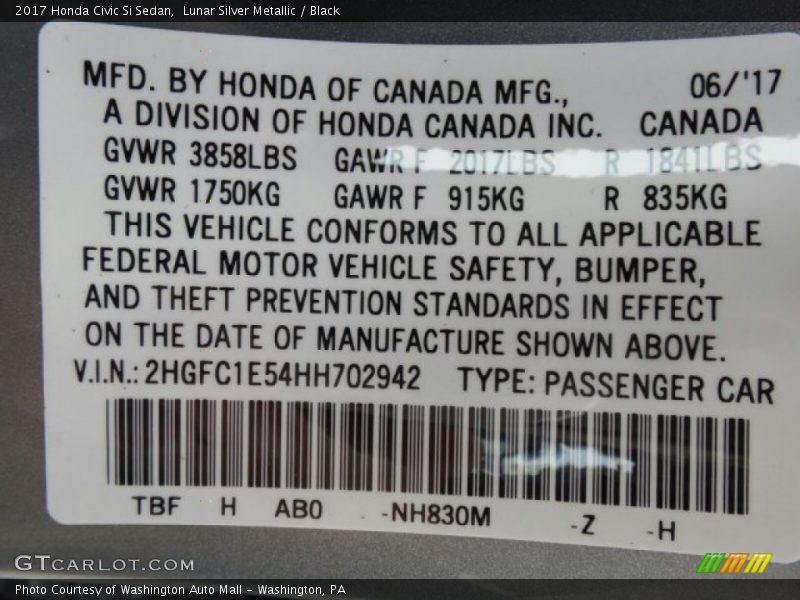 Lunar Silver Metallic / Black 2017 Honda Civic Si Sedan