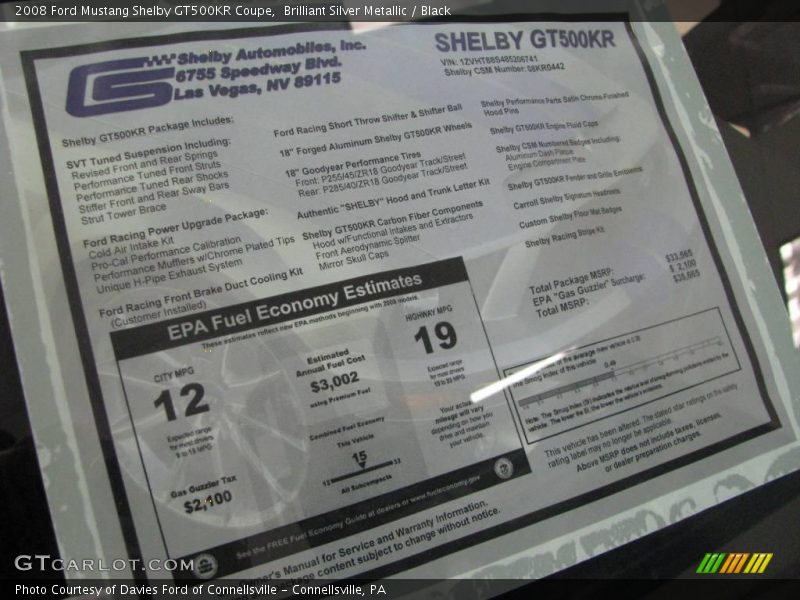 Brilliant Silver Metallic / Black 2008 Ford Mustang Shelby GT500KR Coupe