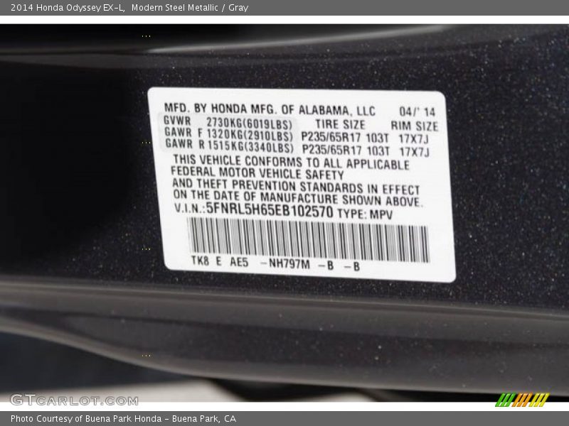 Modern Steel Metallic / Gray 2014 Honda Odyssey EX-L
