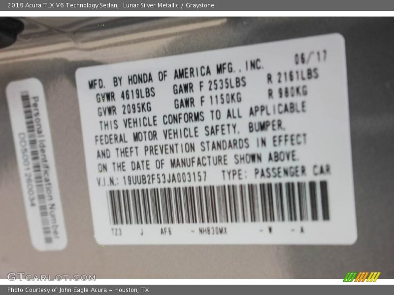 Lunar Silver Metallic / Graystone 2018 Acura TLX V6 Technology Sedan