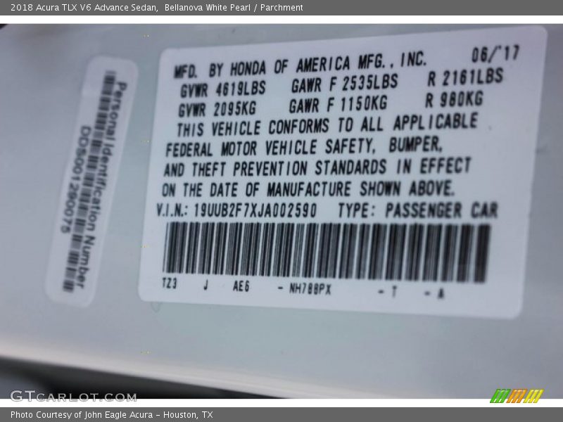 Bellanova White Pearl / Parchment 2018 Acura TLX V6 Advance Sedan