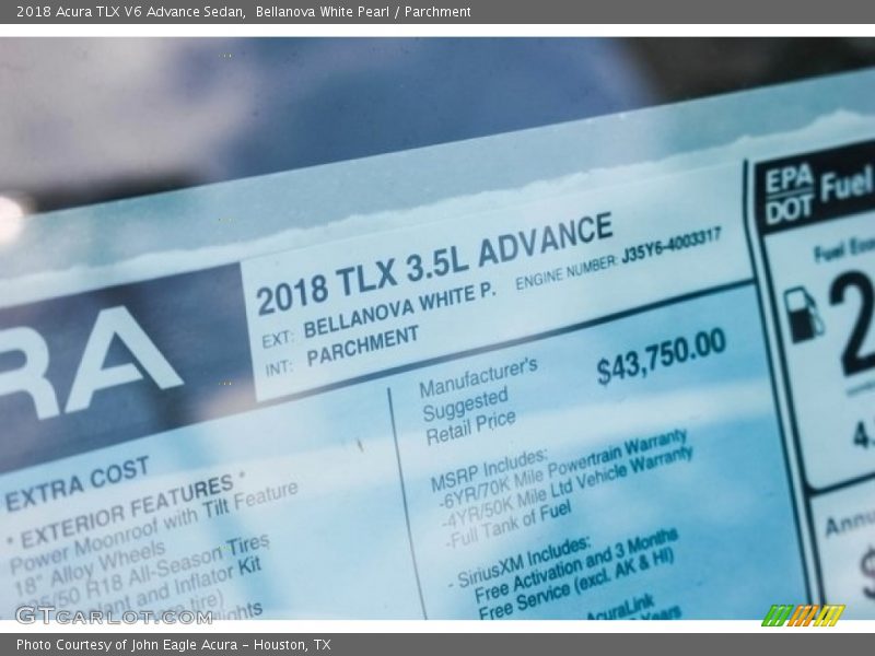 Bellanova White Pearl / Parchment 2018 Acura TLX V6 Advance Sedan