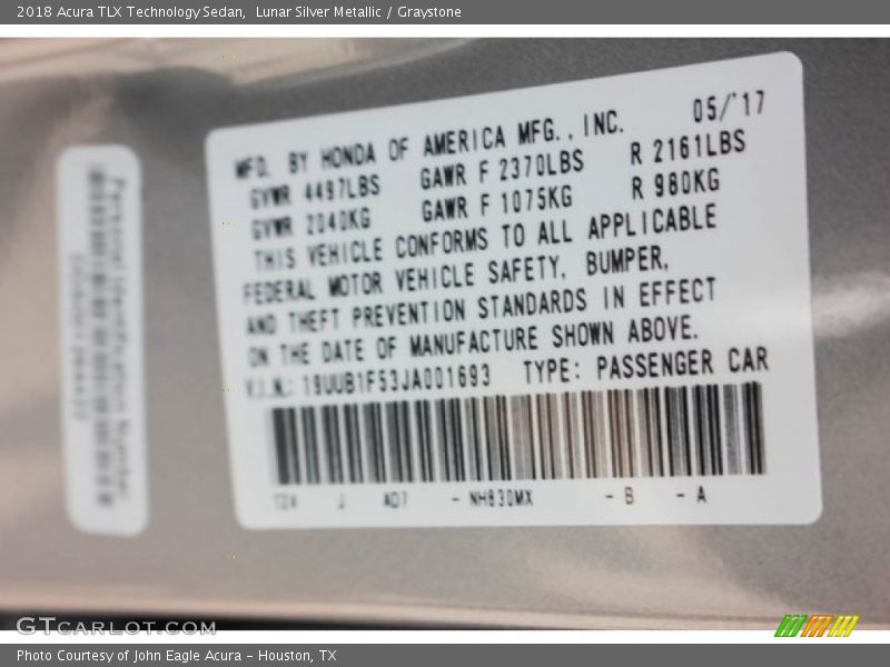 Lunar Silver Metallic / Graystone 2018 Acura TLX Technology Sedan