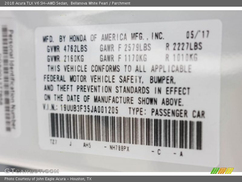 2018 TLX V6 SH-AWD Sedan Bellanova White Pearl Color Code NH788PX