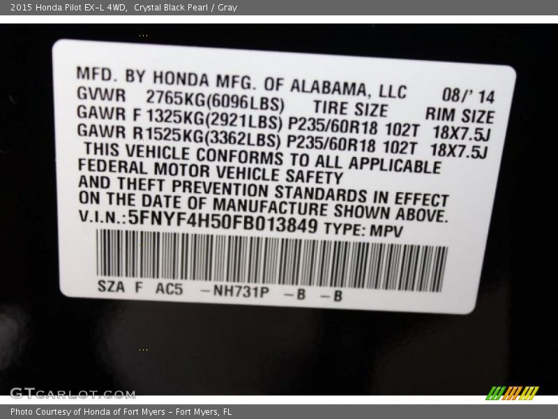 Crystal Black Pearl / Gray 2015 Honda Pilot EX-L 4WD