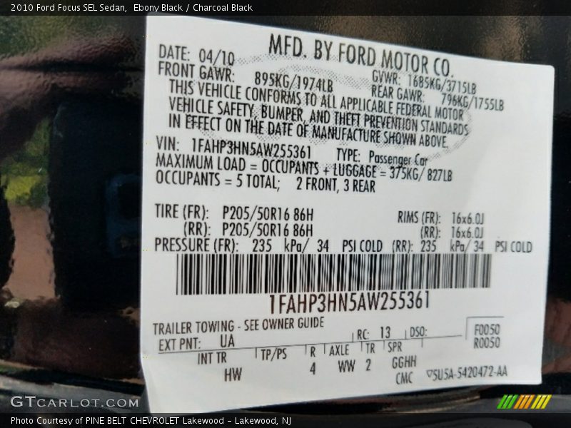 Ebony Black / Charcoal Black 2010 Ford Focus SEL Sedan
