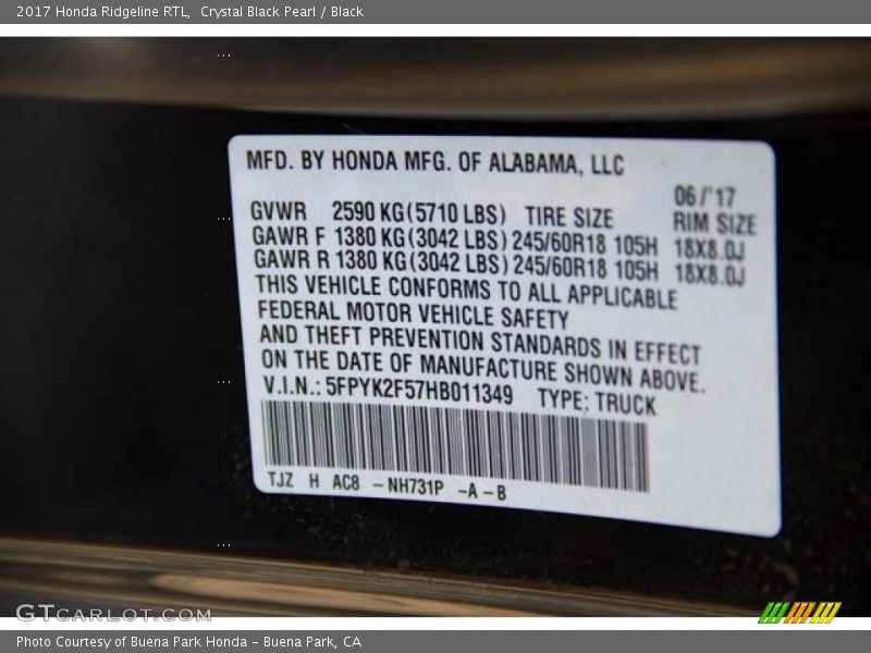Crystal Black Pearl / Black 2017 Honda Ridgeline RTL
