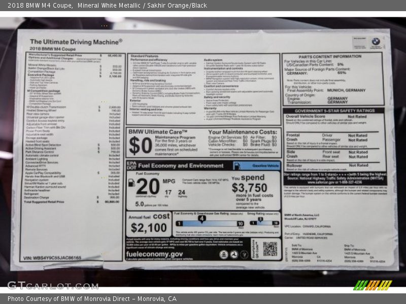  2018 M4 Coupe Window Sticker