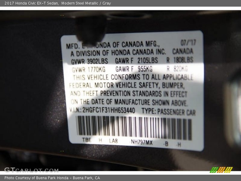 Modern Steel Metallic / Gray 2017 Honda Civic EX-T Sedan