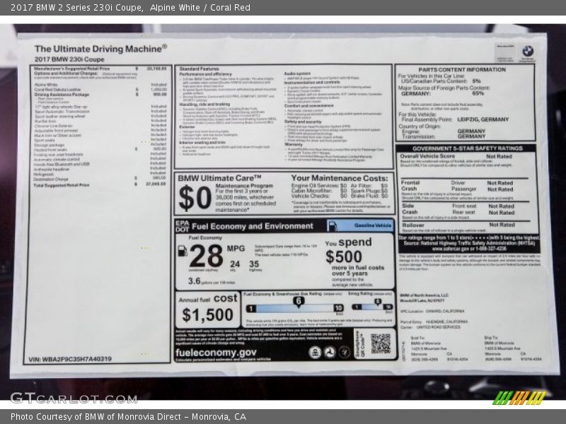 Alpine White / Coral Red 2017 BMW 2 Series 230i Coupe