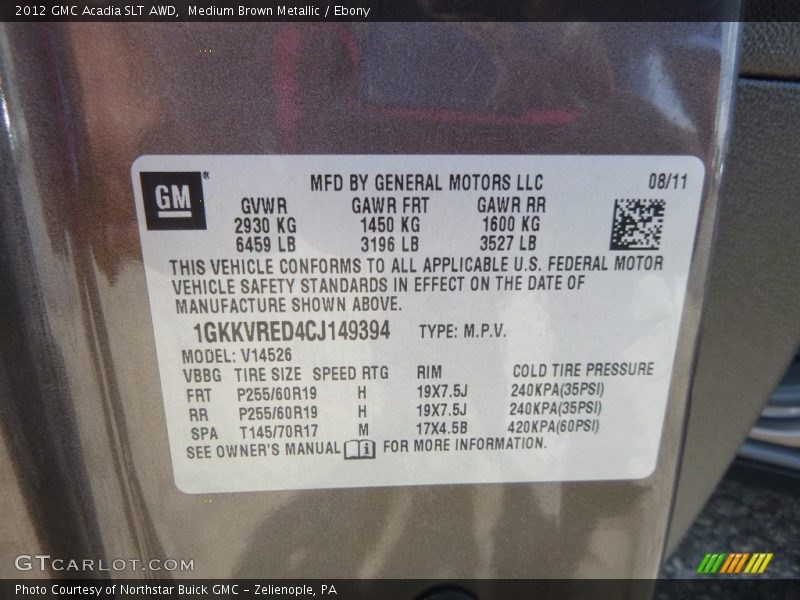 Medium Brown Metallic / Ebony 2012 GMC Acadia SLT AWD