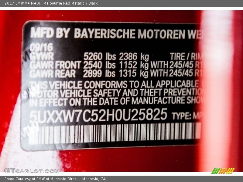 Melbourne Red Metallic / Black 2017 BMW X4 M40i