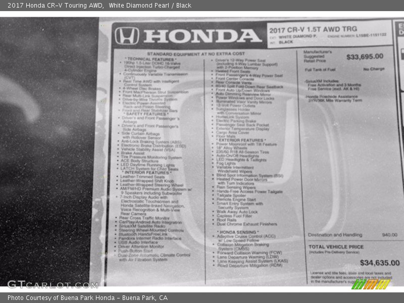 White Diamond Pearl / Black 2017 Honda CR-V Touring AWD