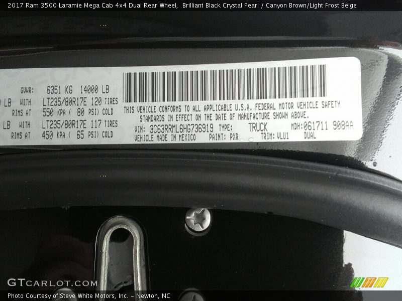 Brilliant Black Crystal Pearl / Canyon Brown/Light Frost Beige 2017 Ram 3500 Laramie Mega Cab 4x4 Dual Rear Wheel