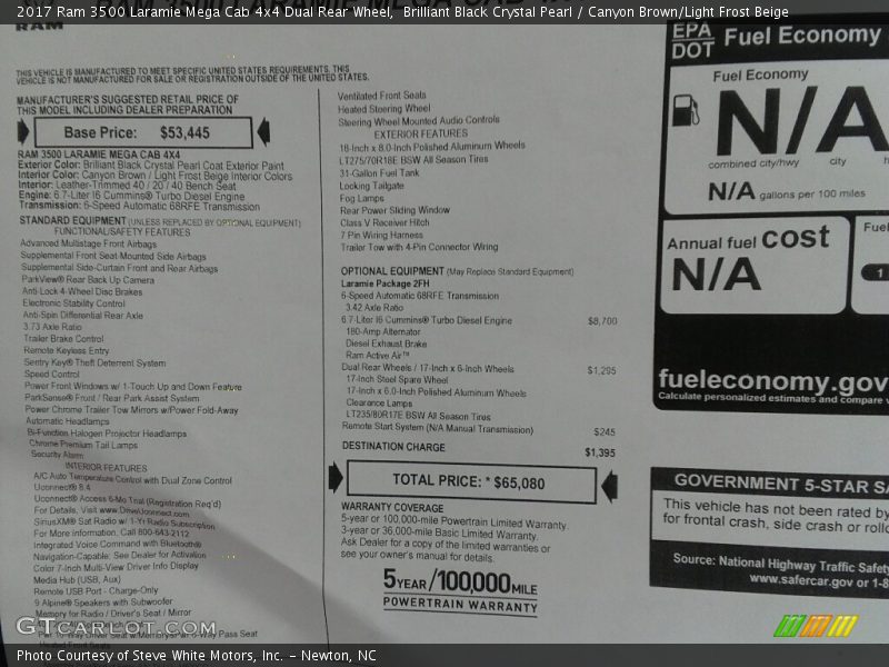 Brilliant Black Crystal Pearl / Canyon Brown/Light Frost Beige 2017 Ram 3500 Laramie Mega Cab 4x4 Dual Rear Wheel