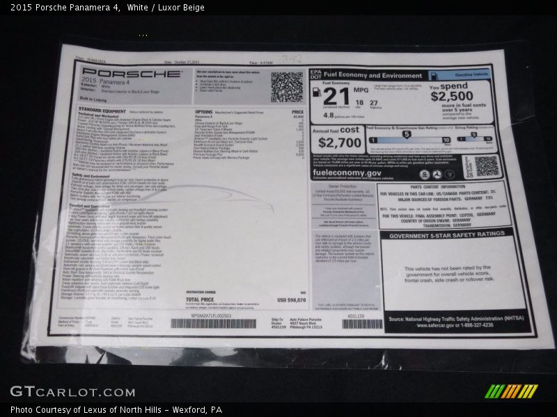  2015 Panamera 4 Window Sticker