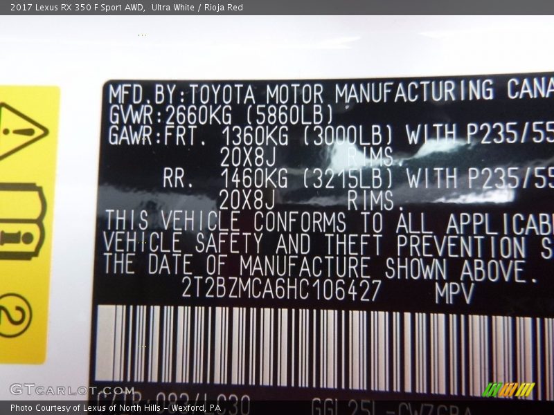 Ultra White / Rioja Red 2017 Lexus RX 350 F Sport AWD