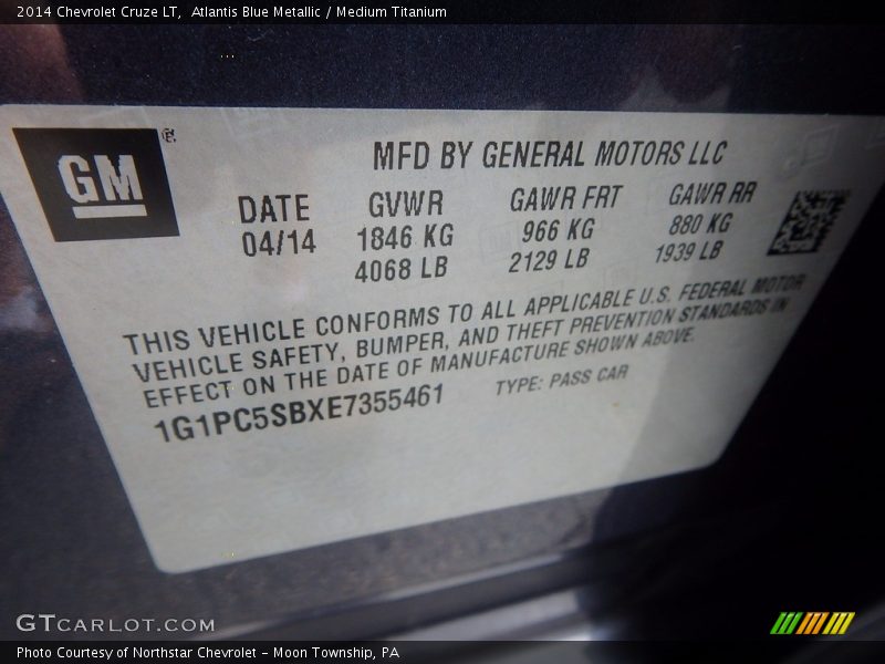 Atlantis Blue Metallic / Medium Titanium 2014 Chevrolet Cruze LT