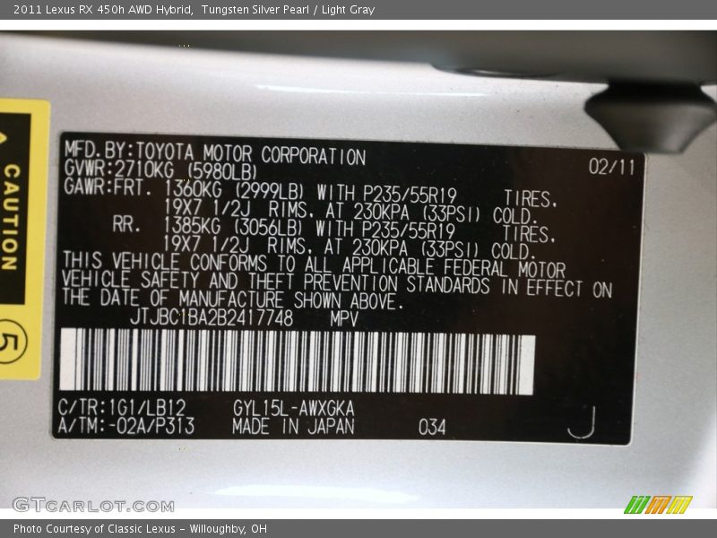 Tungsten Silver Pearl / Light Gray 2011 Lexus RX 450h AWD Hybrid