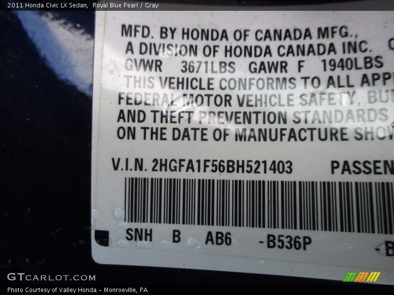 Royal Blue Pearl / Gray 2011 Honda Civic LX Sedan