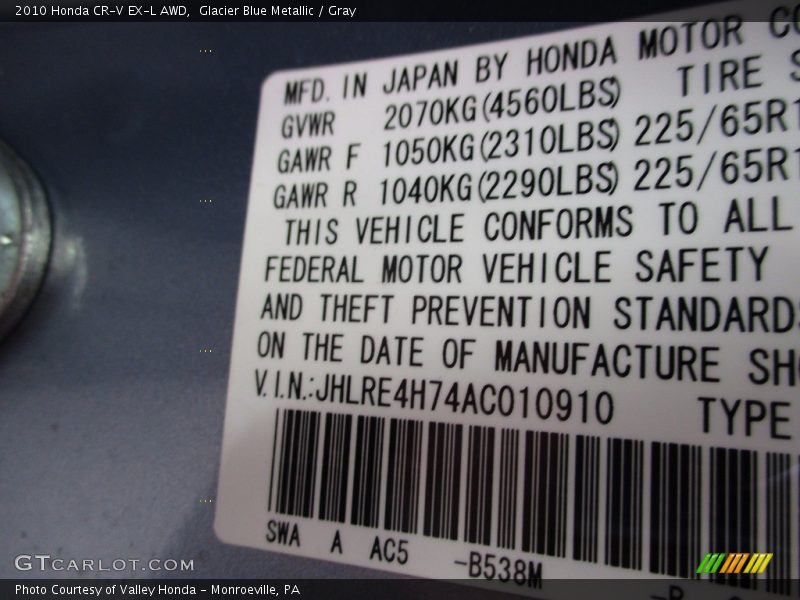Glacier Blue Metallic / Gray 2010 Honda CR-V EX-L AWD