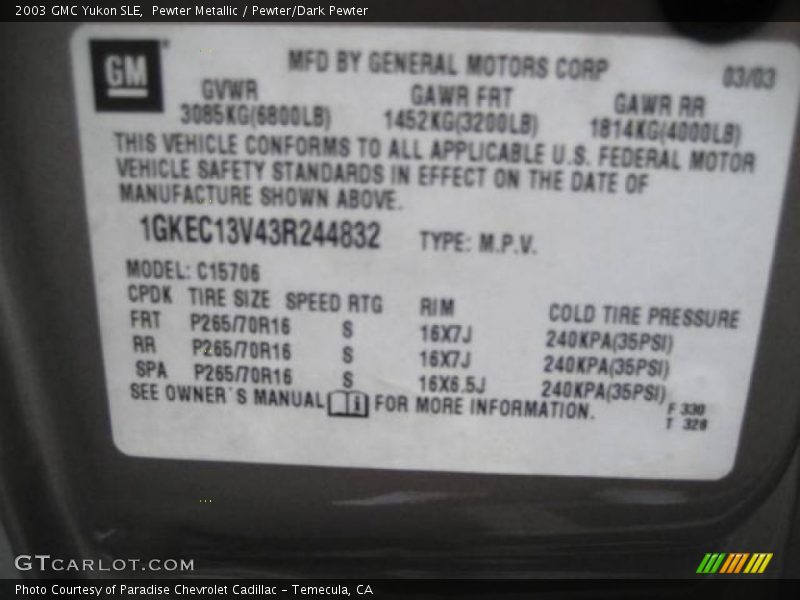 Pewter Metallic / Pewter/Dark Pewter 2003 GMC Yukon SLE
